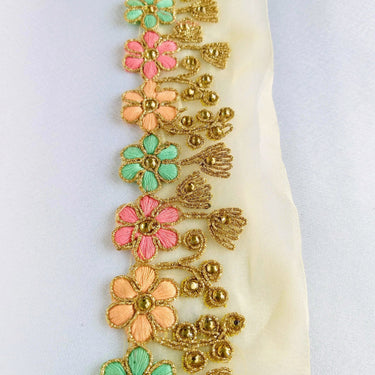 Gold Sheer Tissue Fabric Trim With Embroidered Pastel Pink, Green & Gold Flowers, Embellished With Beads